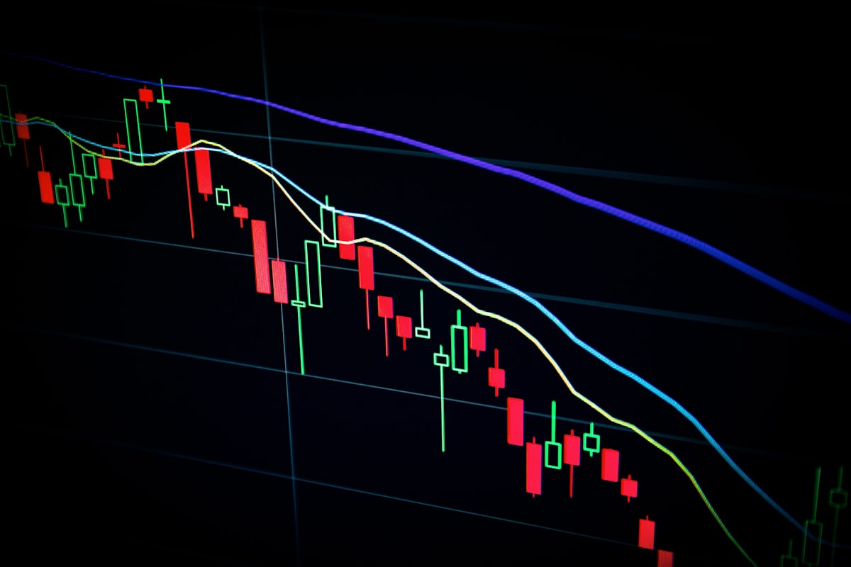 Candlestick price chart moving across a dark trading screen